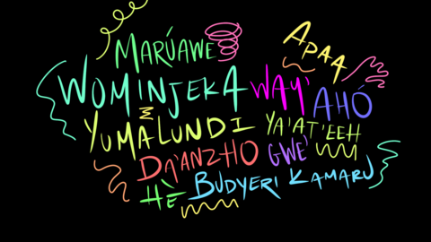 Black screen with "hello" written in many different Indigenous languages