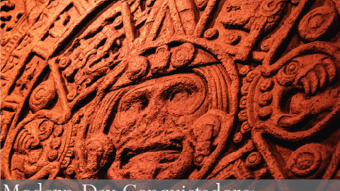 Stone carving with text overlayed on the bottom reading "Modern-Day Conquistadors: The Decline of Nahuatl, and the Status of Mexican Bilingual Education"