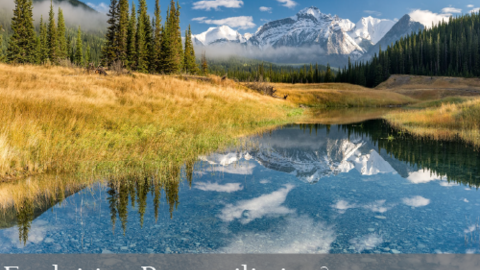 A scenic landscape with still reflective water surrounded by golden grass, pine trees, and a large snow capped mountain in the distance, with text overlay reading "Exploiting Reconciliation? Alberta's Coal Revival"