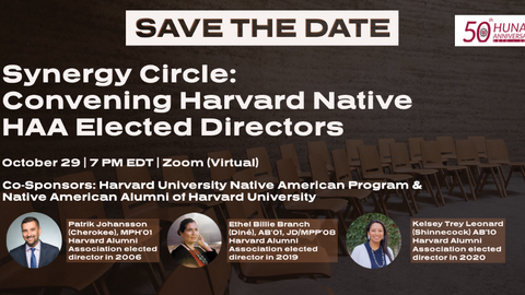 Synergy Circle: Convening Harvard Native HAA Elected Directors. October 29, 7 PM EDT, Zoom (virtual). Co-sponsors: Harvard University Native American Program and Native American Alumni of Harvard University.
