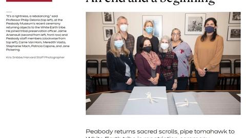 Opening page of the Harvard Gazette Story, features a photo by Harvard Staff Photographer Kris Snibbe. Photo features those involved in the repatriation ceremony that happened Wednesday May 10, 2022