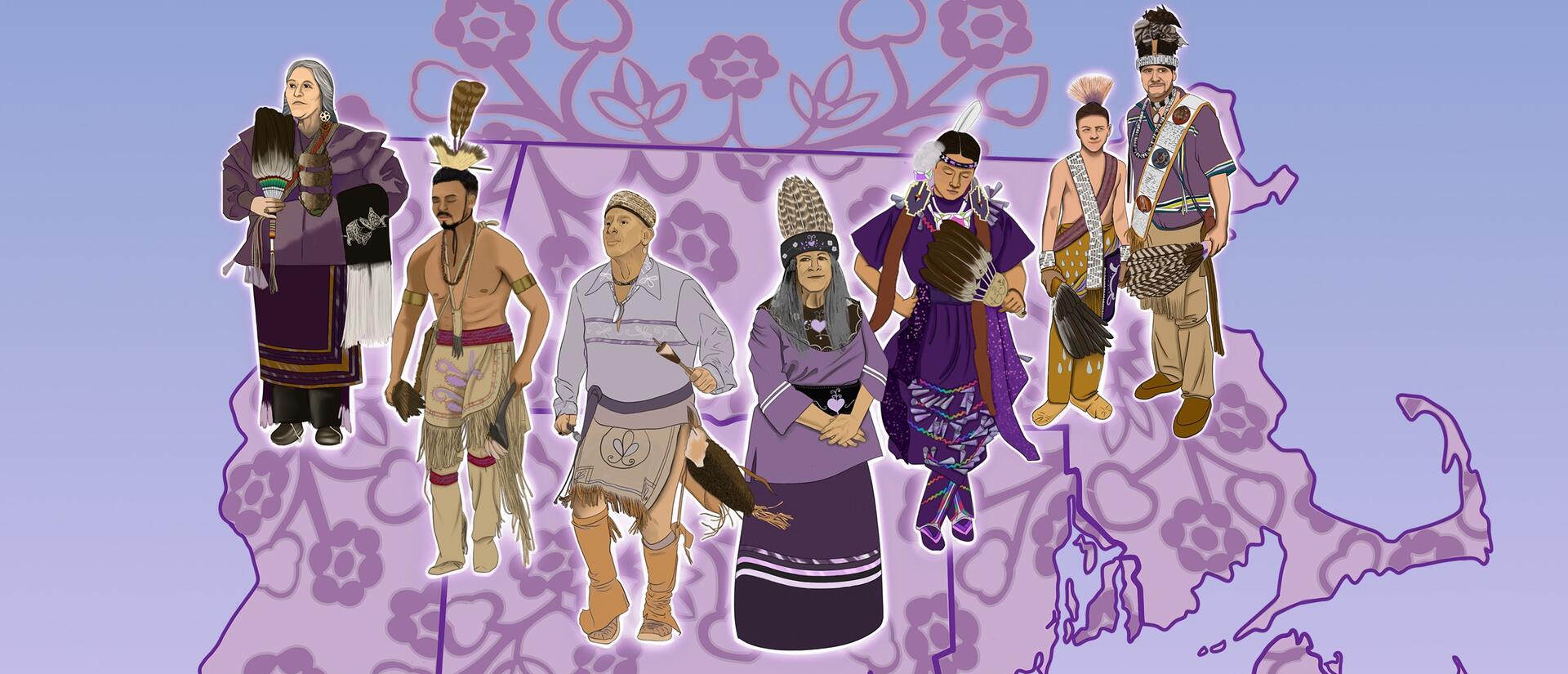 Poster for the Harvard University Native American Program’s “Native American & Indigenous Issues Symposium.” The background is a blue-to-purple gradient with floral patterns. At the top is the Harvard University Native American Program logo. Centered text reads “Native American & Indigenous Issues Symposium.” Below, illustrated figures of Indigenous people in diverse traditional regalia stand across an outline map of Massachusetts. At the bottom, text reads “Reimagining Kinship: Consultation & Partnership” 